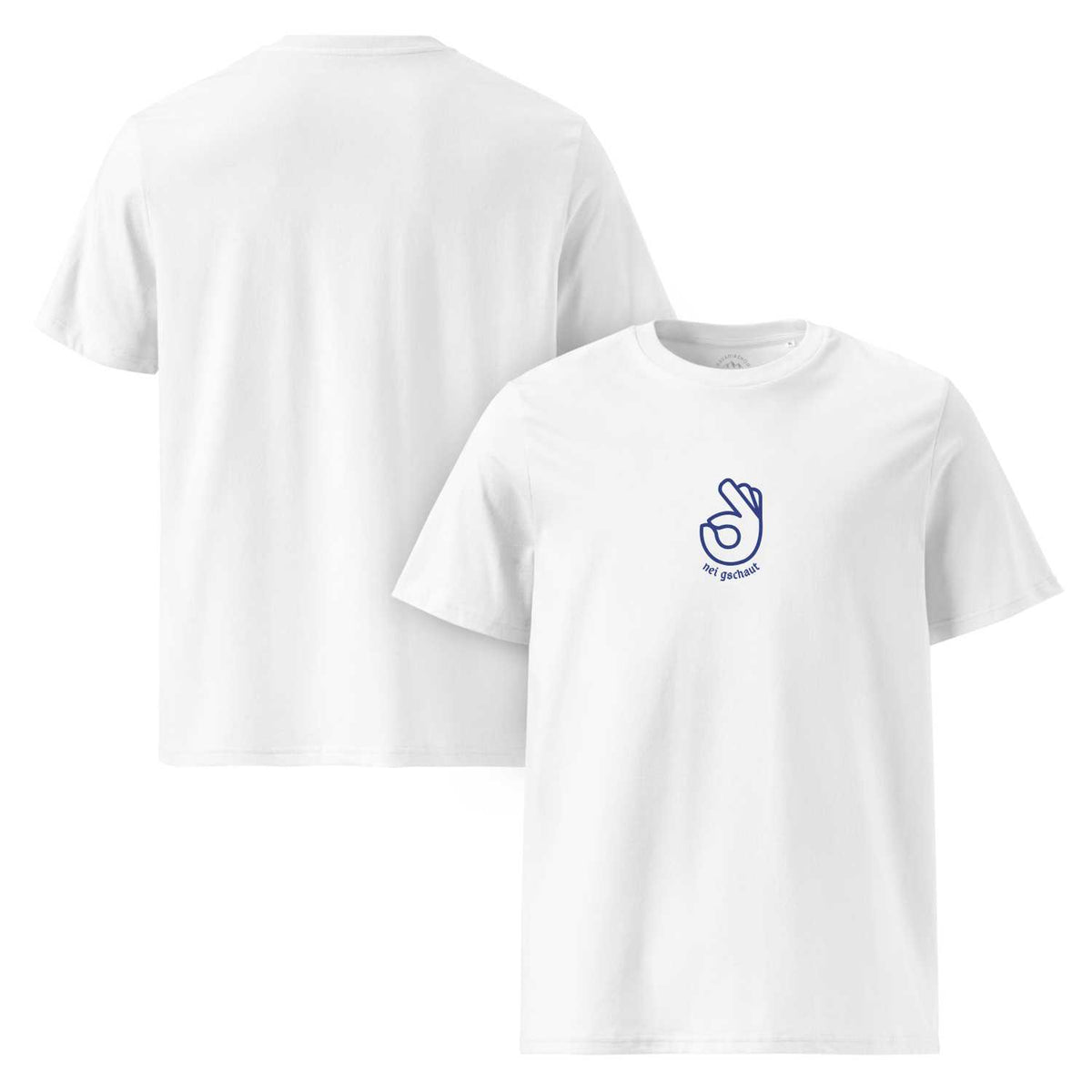 Weißes Herren T-Shirt "Nei gschaut" mit blauem Logo auf der Brust und unbedruckter Rückenansicht.