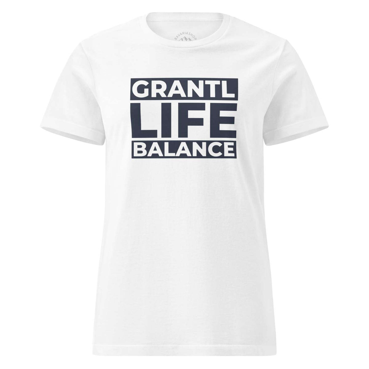 Weißes Damen T-Shirt "Grantl Life Balance" mit dunkelblauem Schriftzug mittig auf der Brust, kurzärmelig.