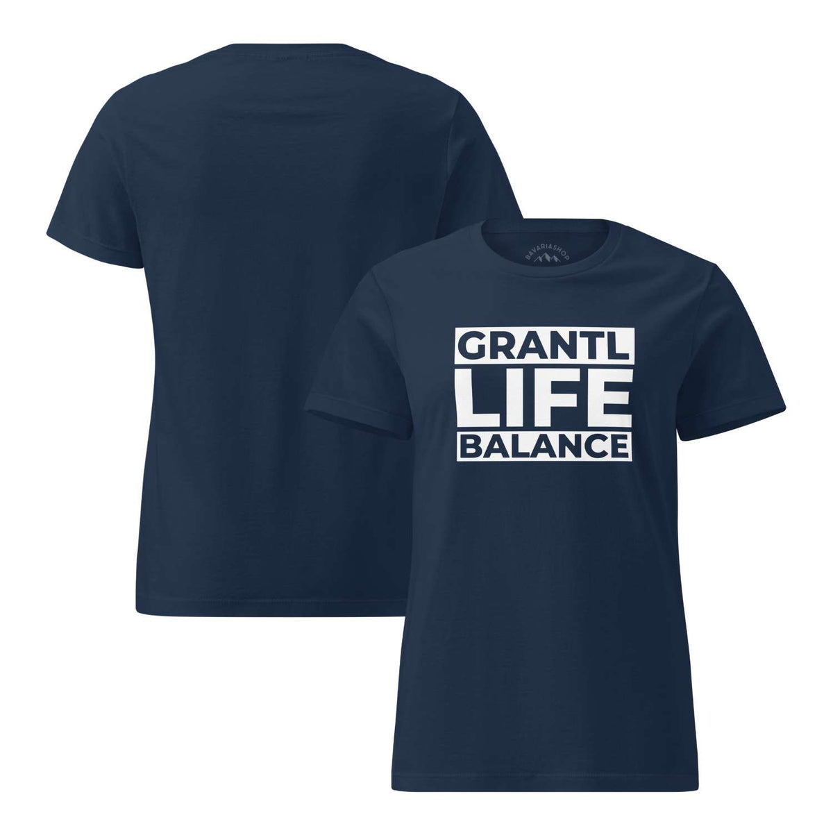 Damen T-Shirt Grantl Life Balance in Dunkelblau mit weißem Schriftzug, Vorder- und Rückansicht des bequemen Oberteils.