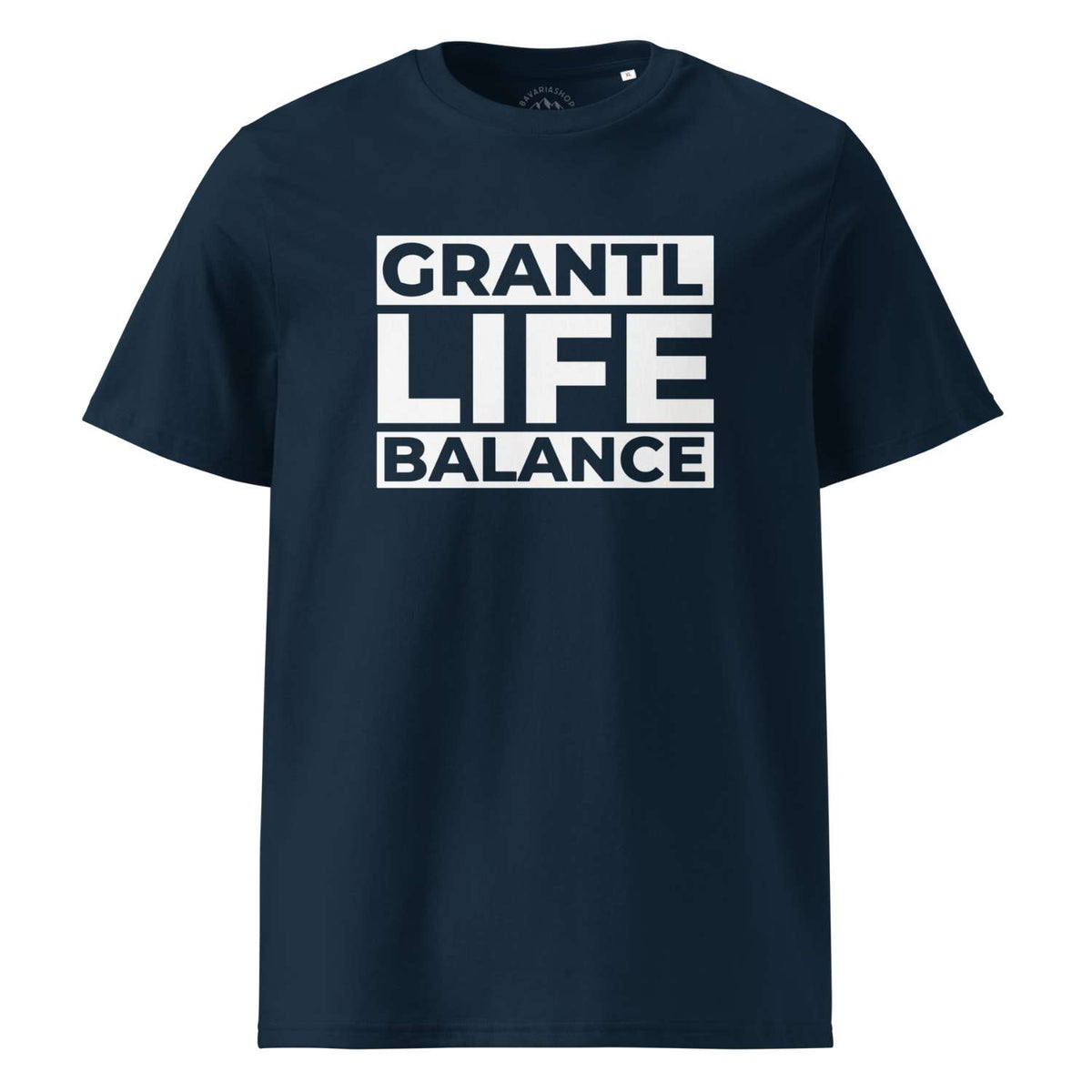 Dunkelblaues Herren T-Shirt "Grantl Life Balance" mit weißem Schriftzug in fettgedruckten Großbuchstaben.