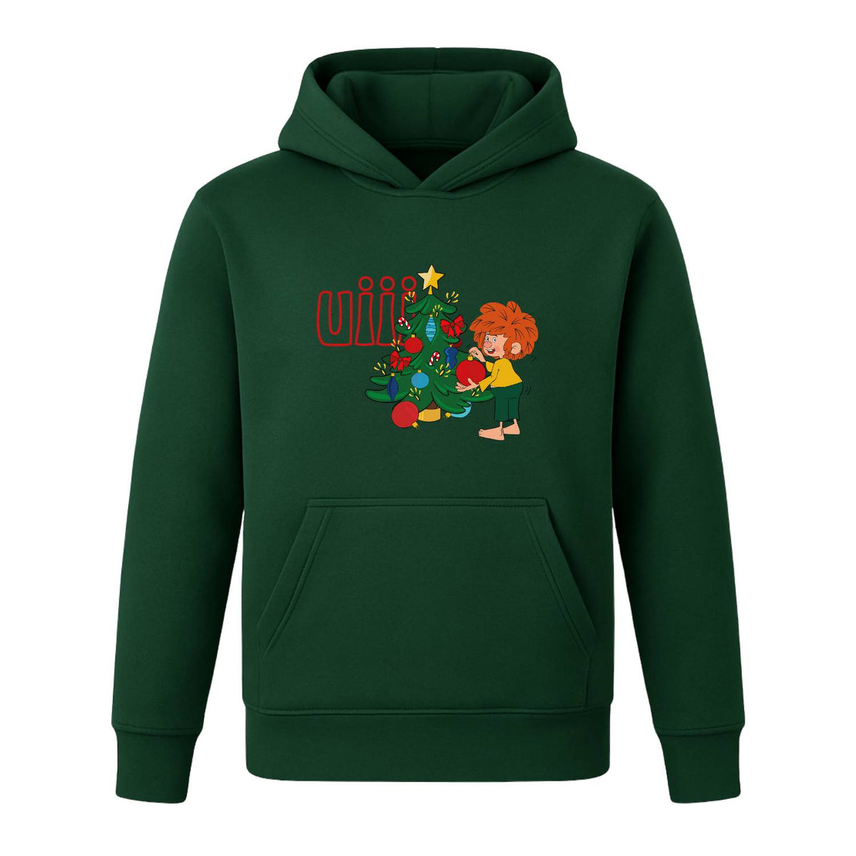 Olivgrüner Pumuckl Kinder Hoodie Weihnachten mit Kängurutasche und Kapuze ohne Kordeln, Brustmotiv Pumuckl am Christbaum