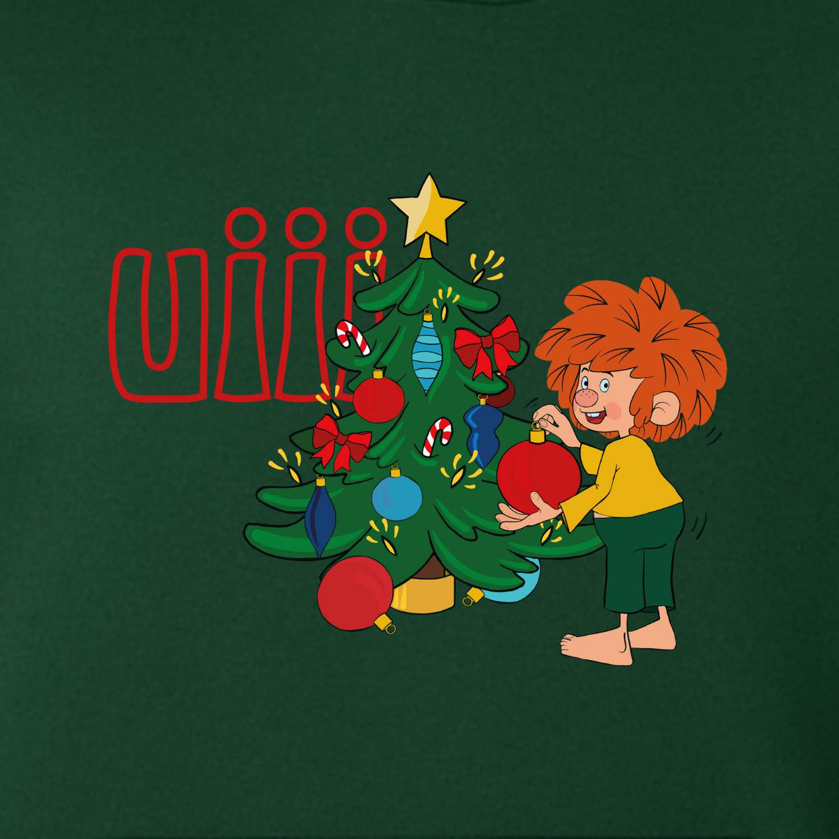 Motiv-Nahaufnahme Pumuckl Kinder Hoodie: Pumuckl hängt eine rote Kugel an den Christbaum, roter Schriftzug „uiii“