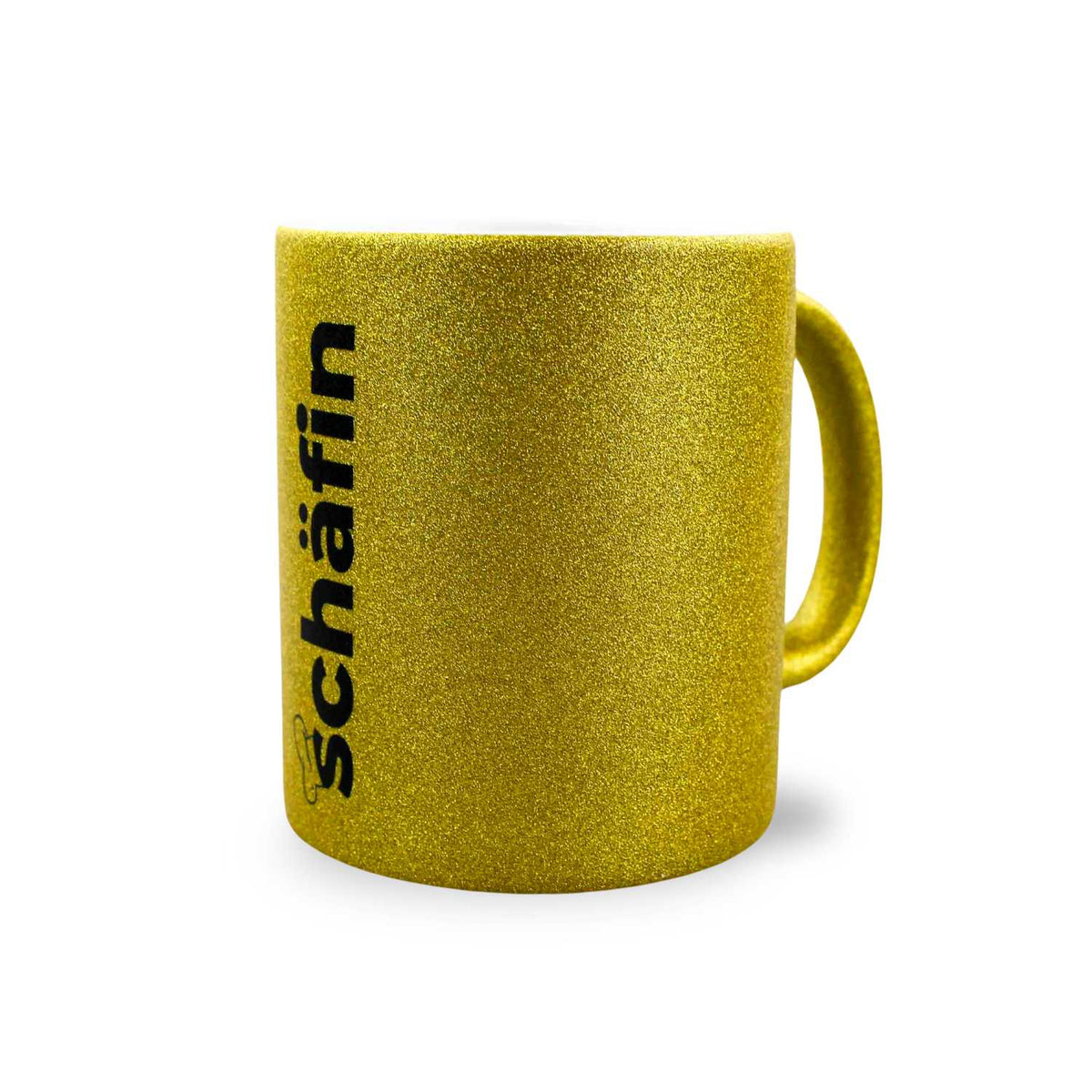 Goldglitzernder Kaffee Haferl Schäfin aus Keramik mit schwarzem Schriftzug und Henkel in Glitteroptik.