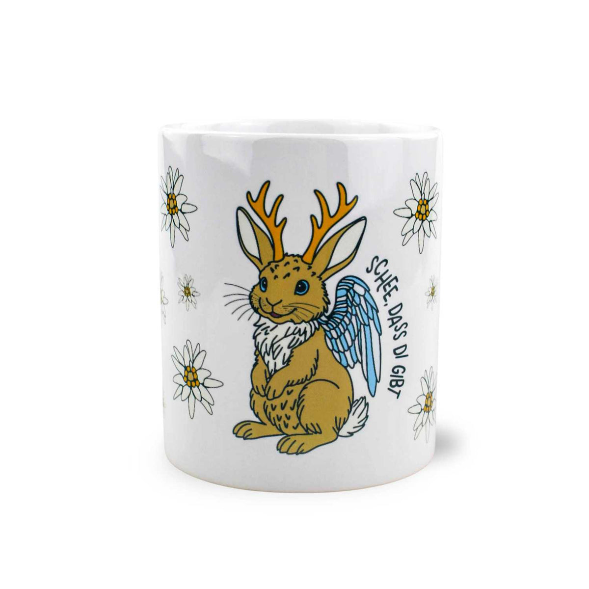 Kaffee Haferl Wolpertinger mit humorvollem Hasen-Motiv, Geweih, Flügeln und Edelweiss-Blüten auf hellem Hintergrund.