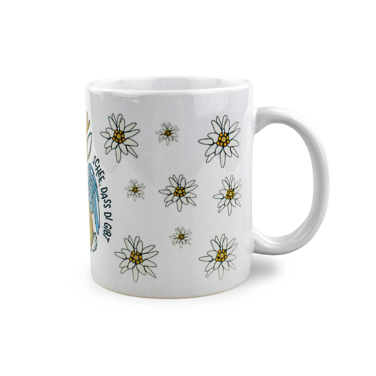 Weißes Kaffee Haferl "Wolpertinger"-Tasse mit bayerischem Spruch, Edelweiß Motiv und farbigem Wolpertinger.