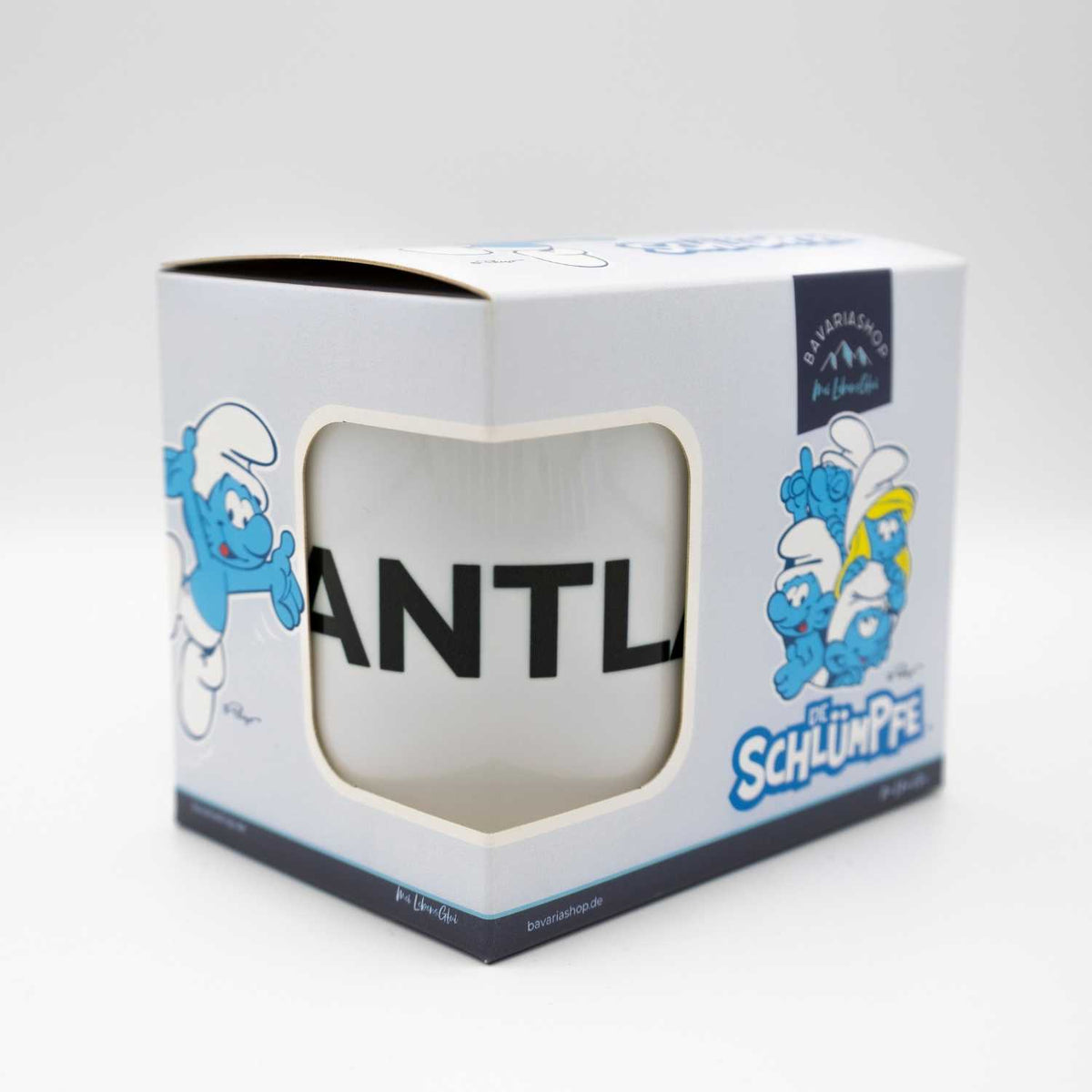 ®Die Schlümpfe Tasse Grantla in ihrer Geschenkverpackung, Schlumpf-Design mit Markenschriftzug.
