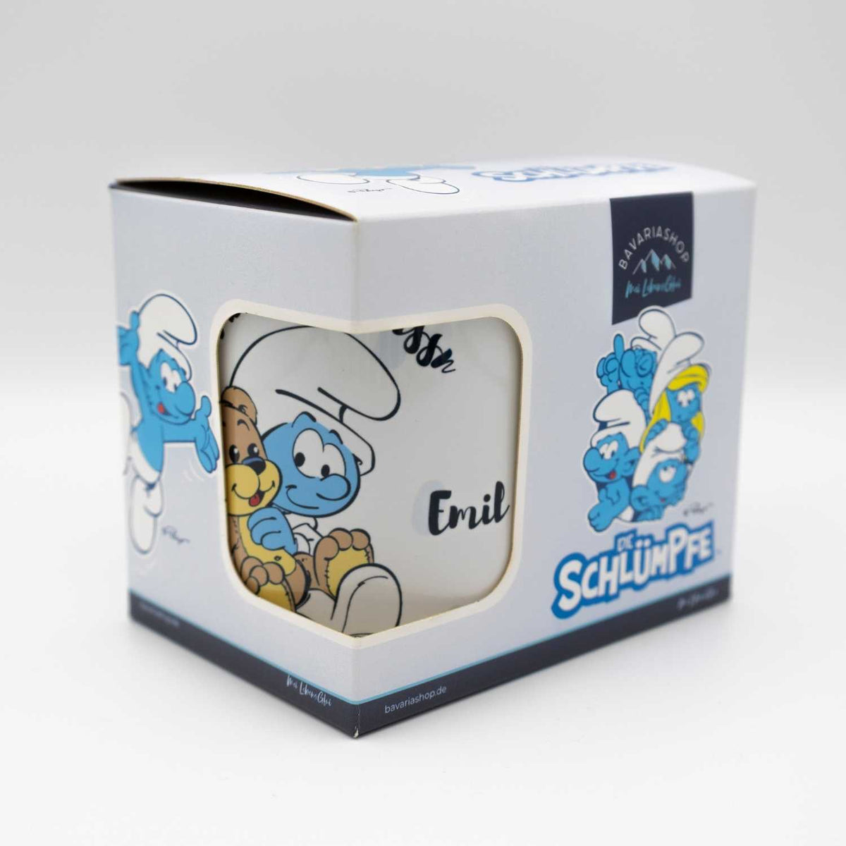 Schlümpfe Tasse Mei erste Tassn personalisiert, mit Schlumpf und Teddybär in Geschenkbox.