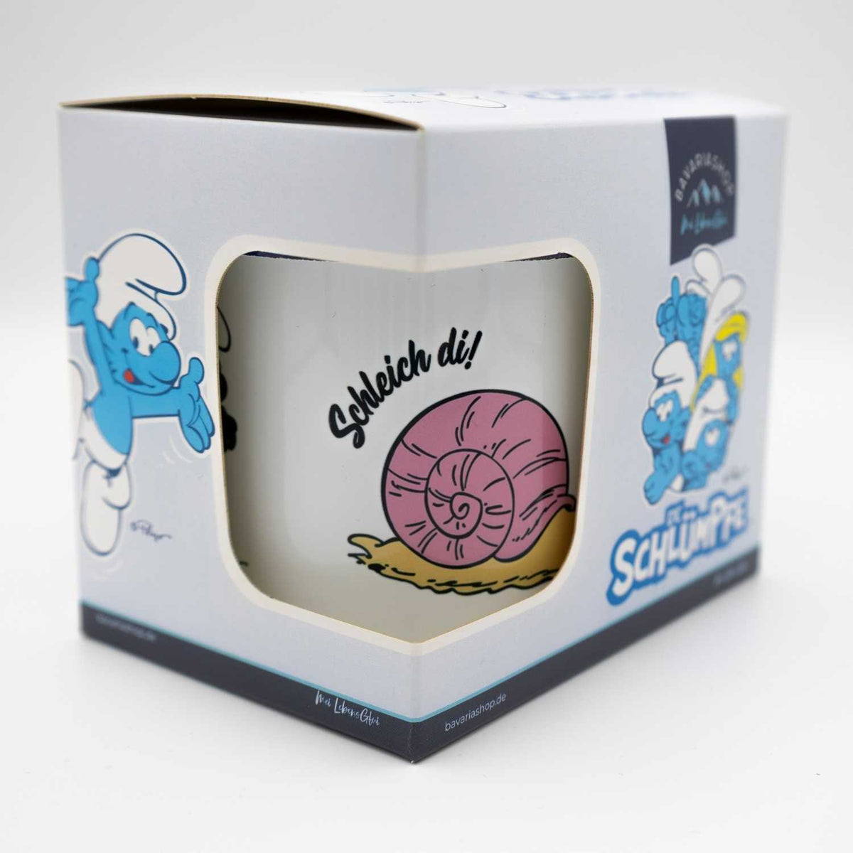 ®Die Schlümpfe Tasse Schleiche di im Geschenkkarton mit Bild einer pinken Schnecke und Text.