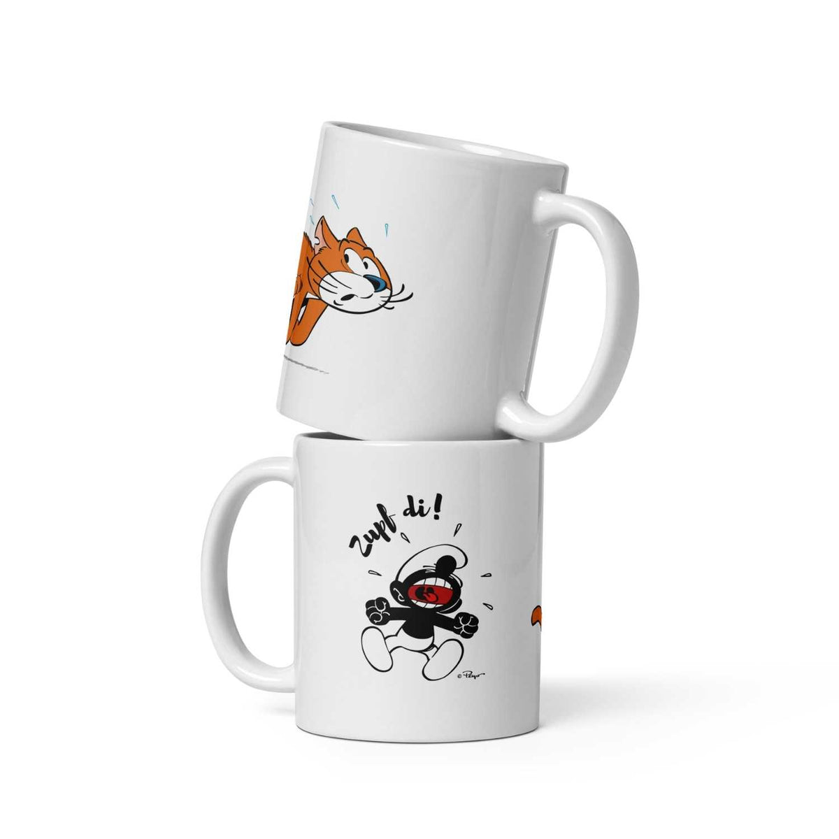 ®Die Schlümpfe Tasse Zupf di! zwei Tassen übereinander gestapelt, eine mit Azrael und eine mit schwarzem Schlumpf.