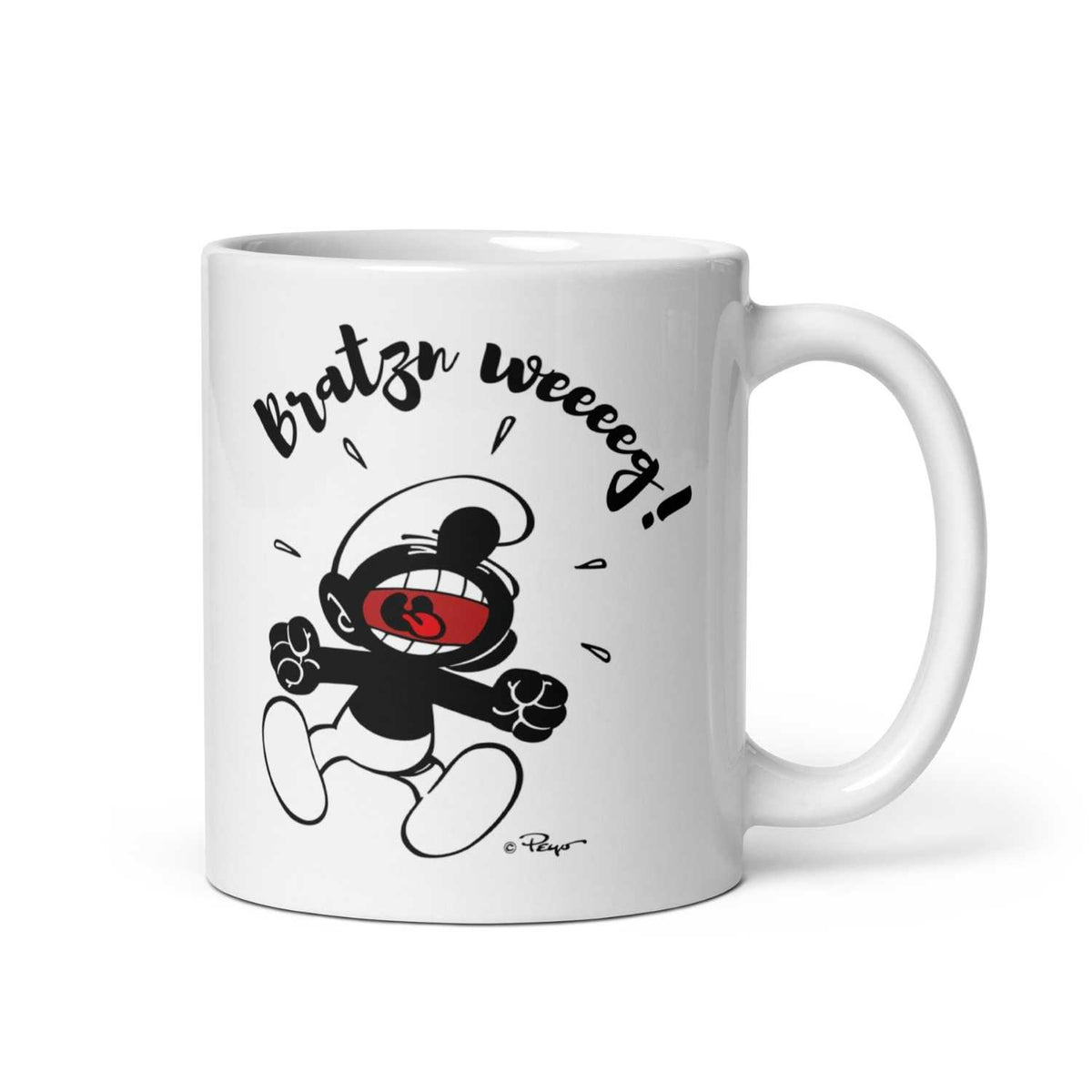 Weiße Die Schlümpfe Tasse Bratzn weg! mit schwarzem Schlumpf-Motiv und rotem Mund, verspielt und markant.