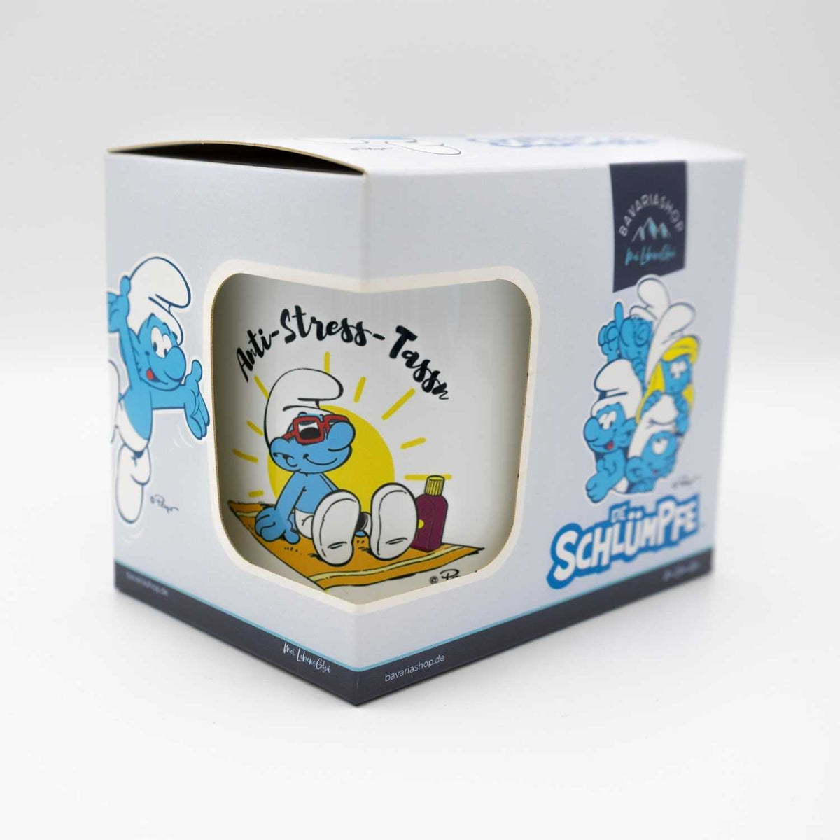 ®Die Schlümpfe Tasse Anti Stress Herren im Geschenkkarton mit Schlumpf im Liegestuhl am Strand.