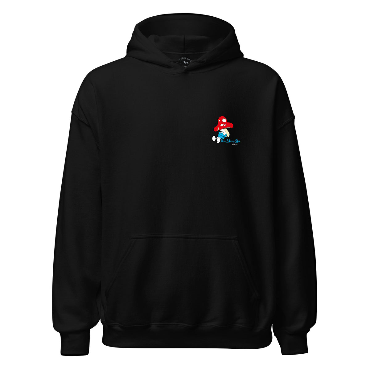 Schwarzer ®Die Schlümpfe Damen Hoodie "Do legst di nieda" mit Schlumpf unter rotem Fliegenpilz Druck.