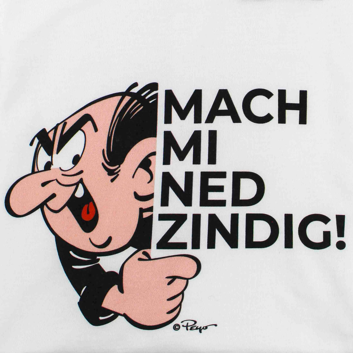 ®Die Schlümpfe Damen T-Shirt mit grantigem Gargamel und Spruch "Mach mi ned zindig!" in schwarz auf weißem Stoff.