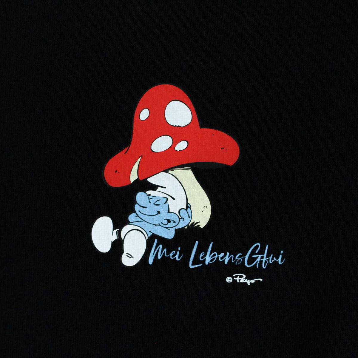 ®Die Schlümpfe Herren Hoodie "Do legst di nieda" mit Schlumpf unter Pilzhut und Schriftzug Mei Lebens Gfui.