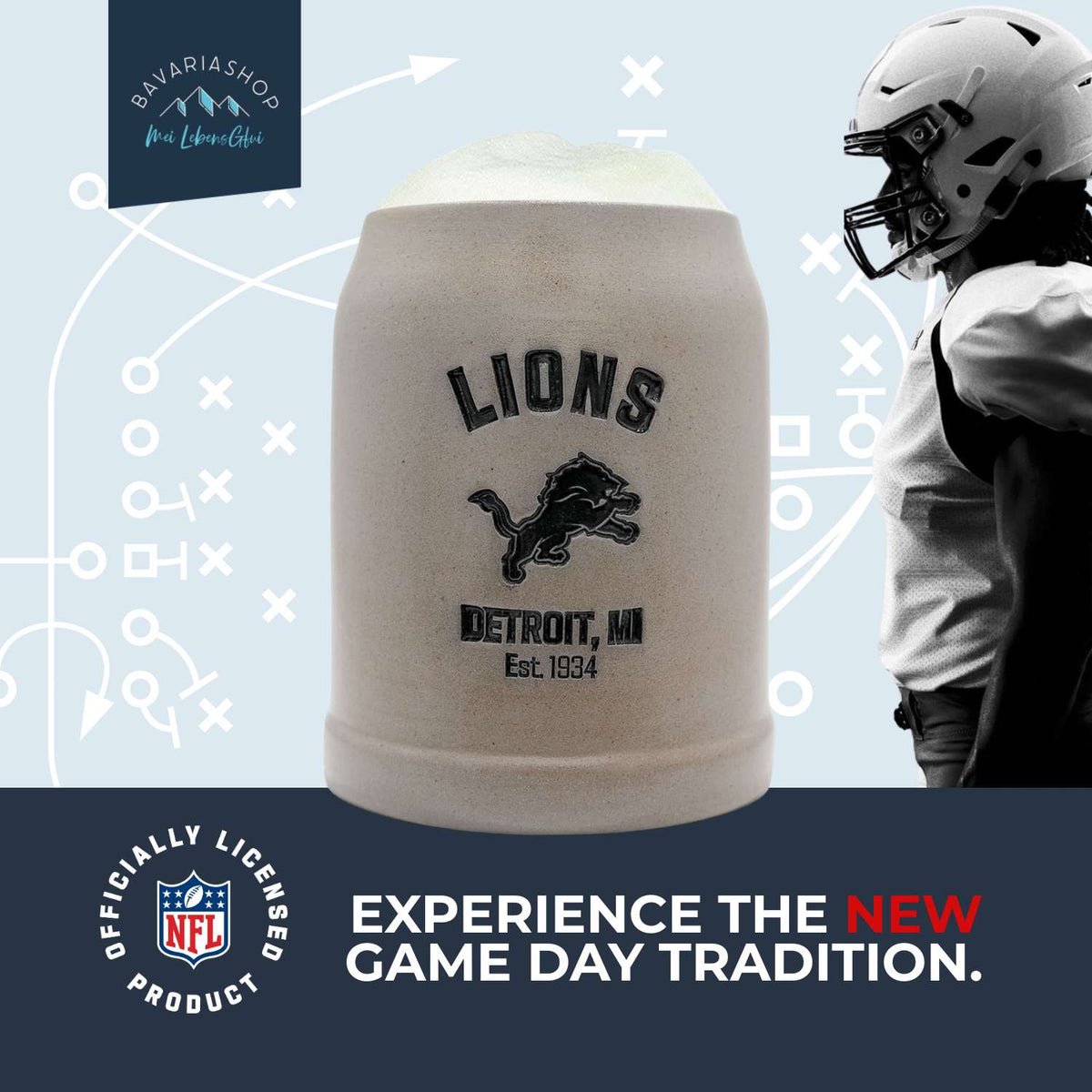 NFL PREMIUM Teamkrug Detroit Lions Steinzeug mit hellem Bier, Detroit Lions Logo und Footballspieler im Hintergrund.