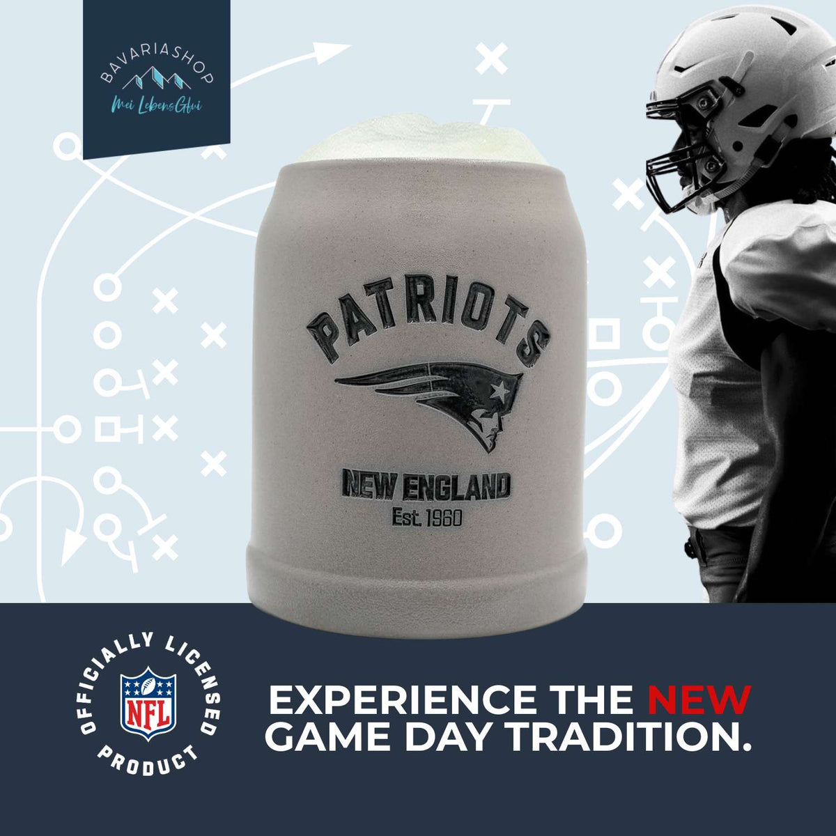 ®NFL PREMIUM Teamkrug New England Patriots mit Logo und Schaumkrone, daneben Footballspieler im Hintergrund.