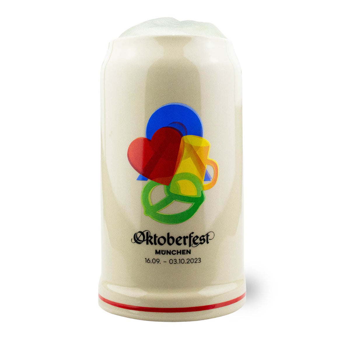 Offizieller Oktoberfestkrug 2023 aus Keramik mit buntem Logo Herz, Maßkrug und Brezel, inkl. Daten.