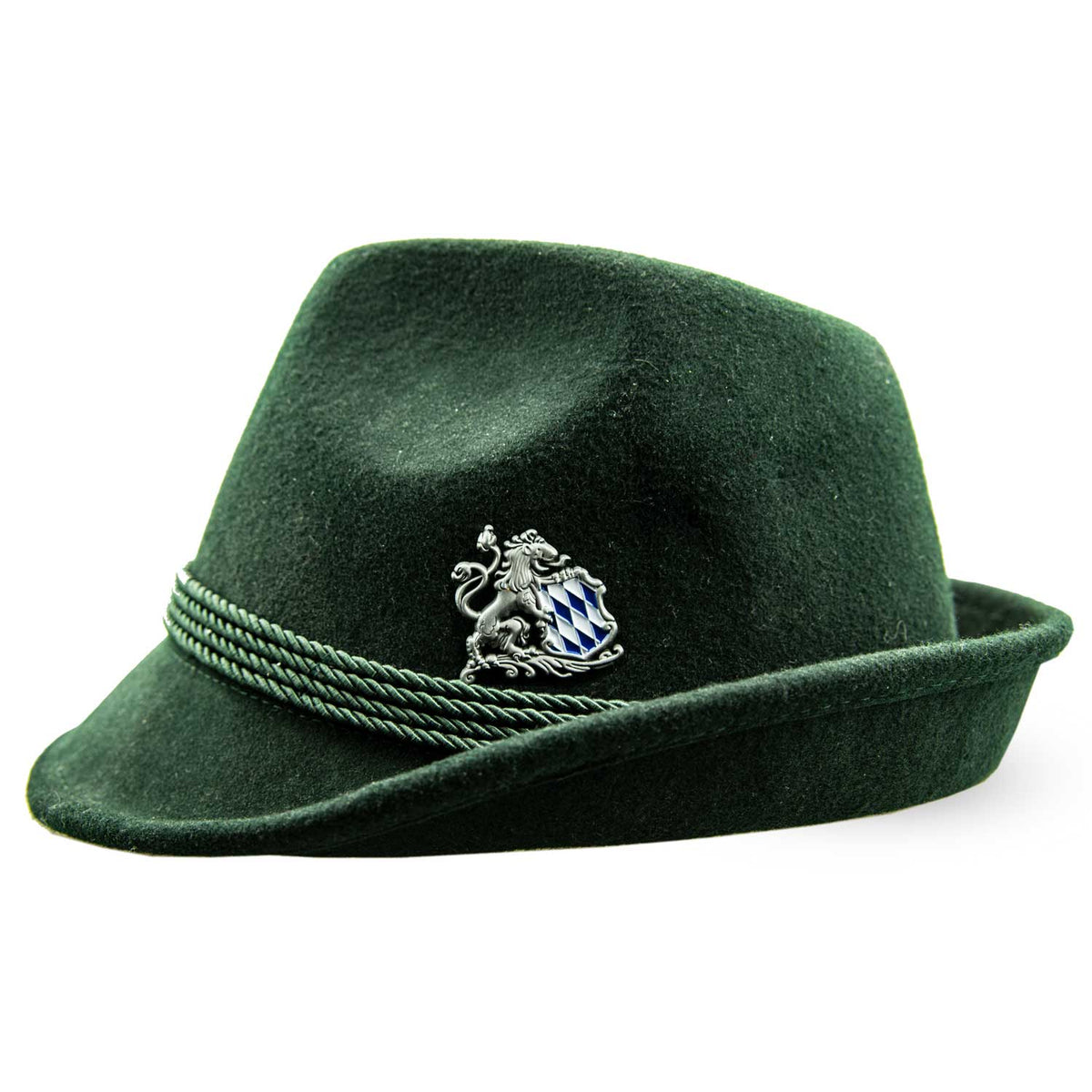 Hochwertiger grüner Trachtenhut mit elegantem Pin Löwe mit bayerischem Rautenwappen und geflochtenem Band.