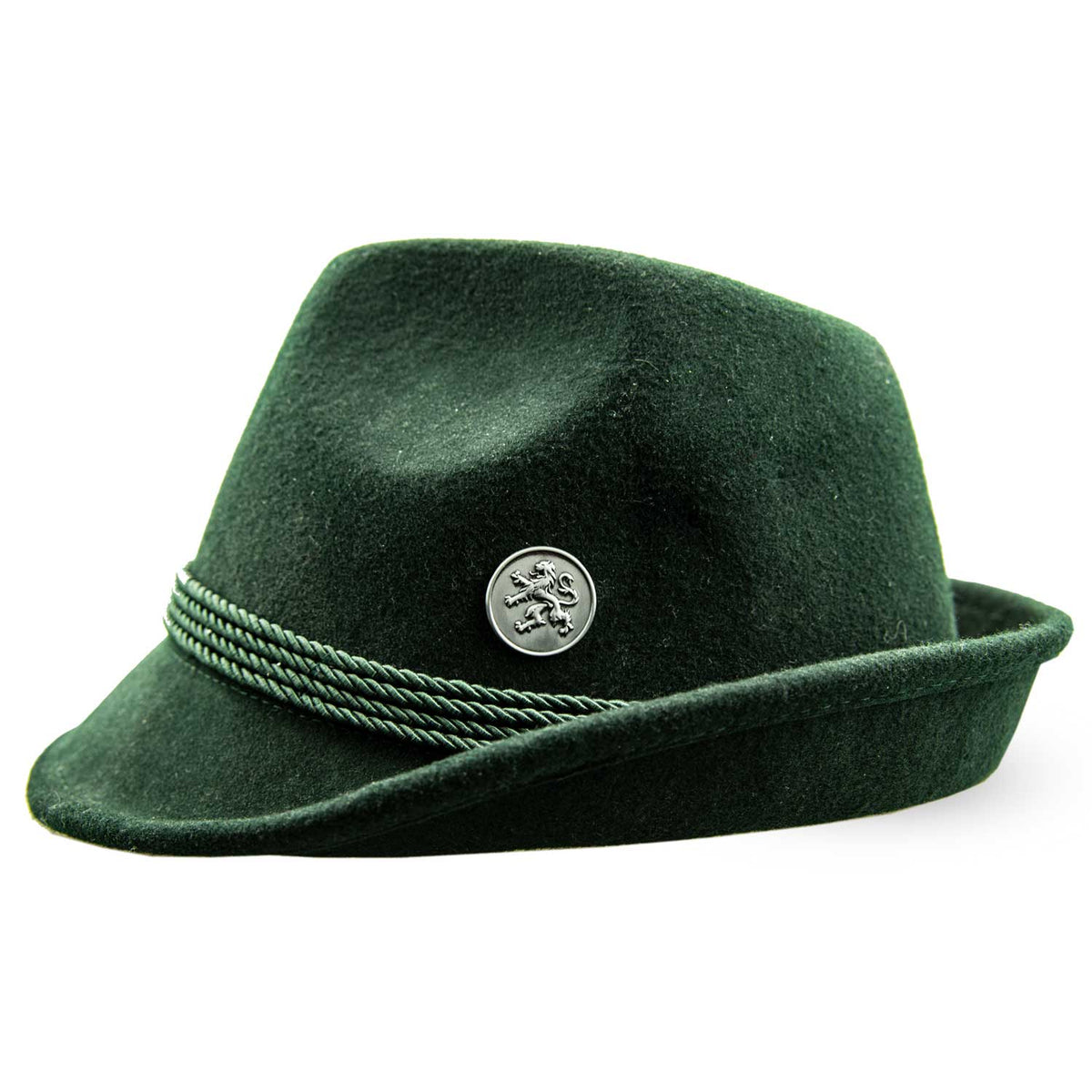 Traditioneller dunkelgrüner Trachtenhut mit einem detailreichen silberfarbenen Pin Löwe.