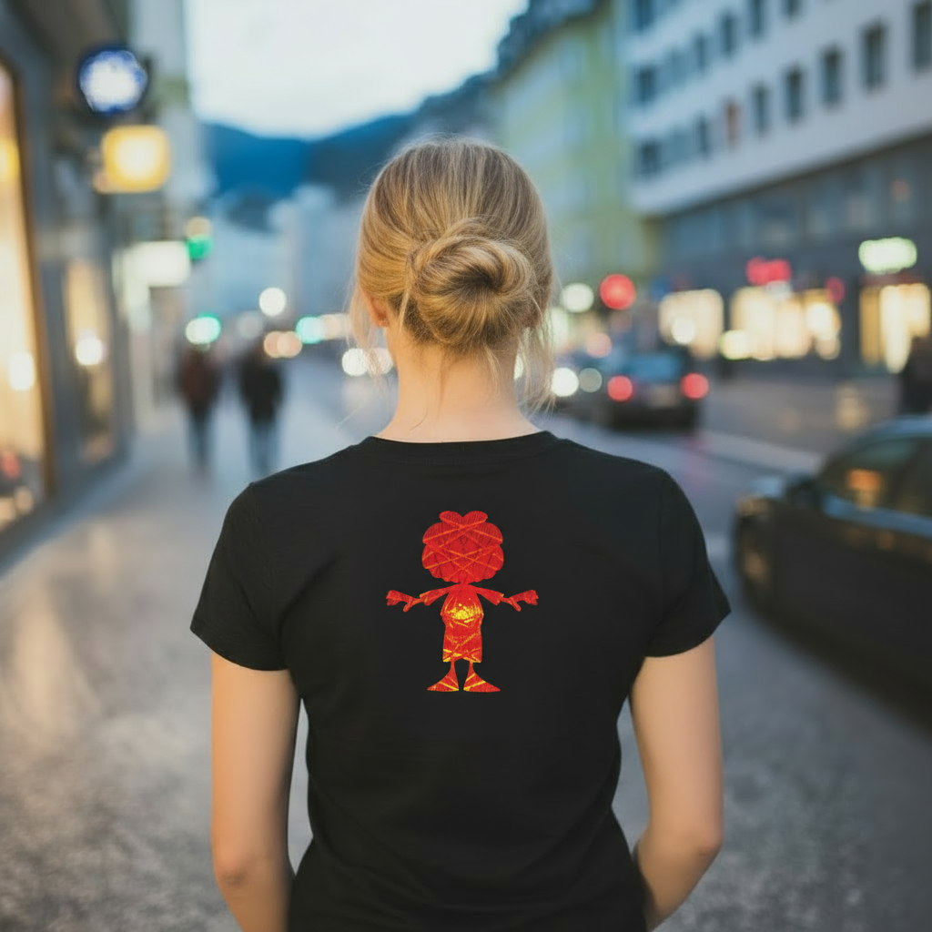 Rückenansicht einer Frau in schwarzem Pumuckl Damen T-Shirt Ampel-Edition mit rotem Druck, schlendert durch Stadt