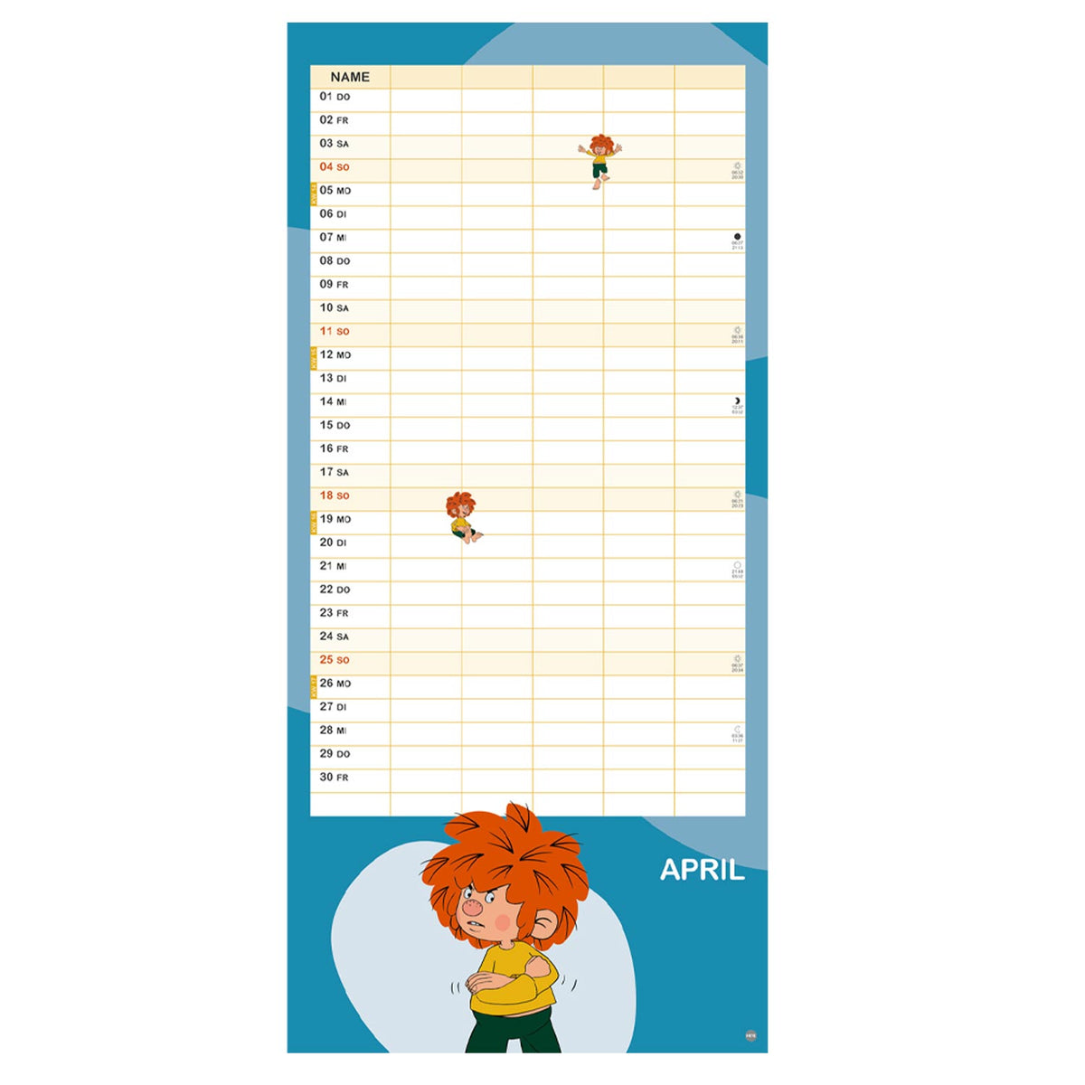 Pumuckl Familien-Wandkalender 2027 mit April-Ansicht, frechen Pumuckl-Illustrationen und großem Namensfeld für jede Spalte.