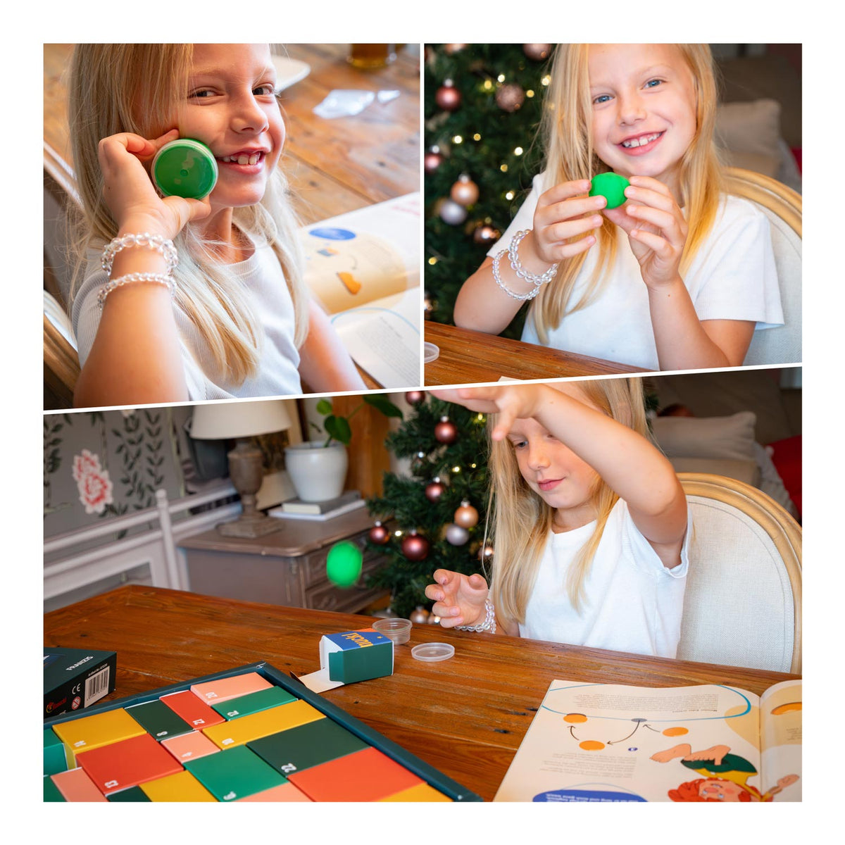 Kind experimentiert mit grüner Knete aus dem Pumuckl Adventskalender, daneben das Handbuch