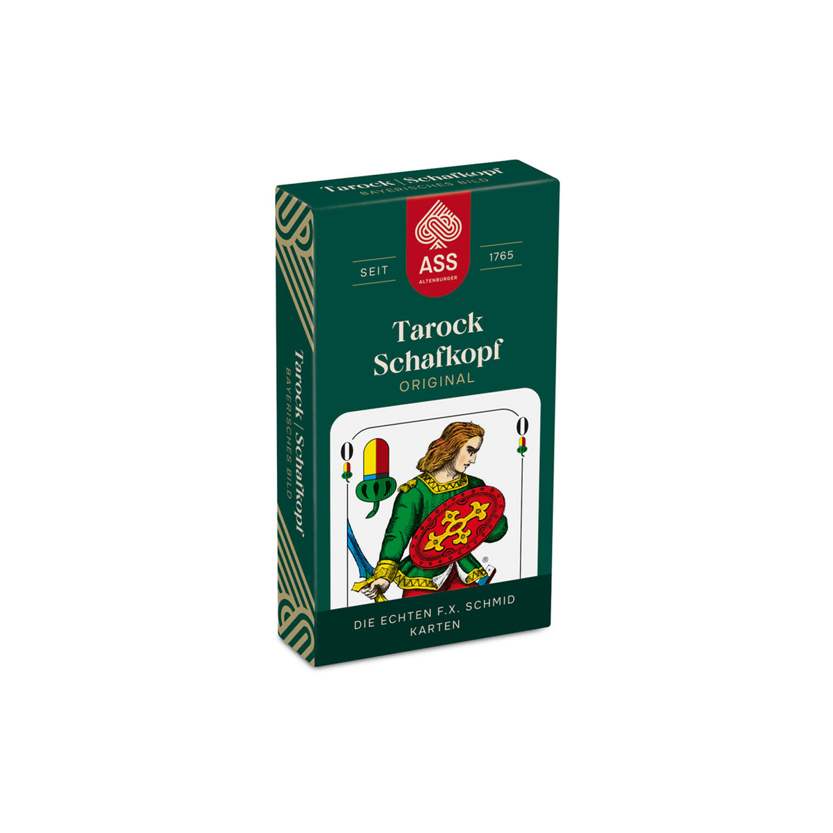 Tarock Schafkopfkarten im Kartenspiel-Pack mit traditionellem bayerischem Bild und Ass Logo.