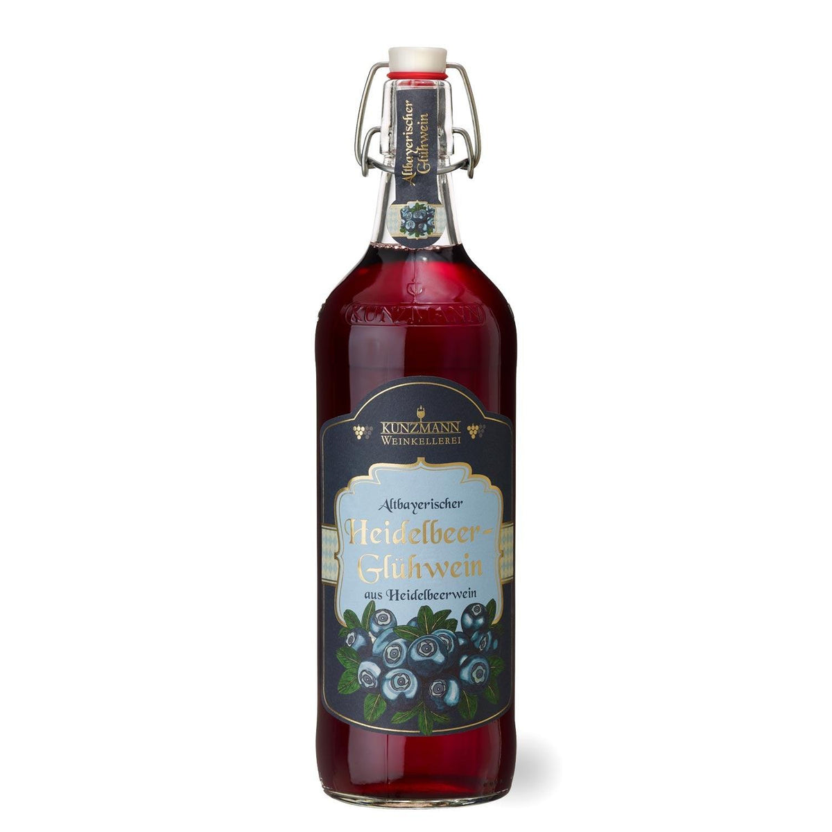 Flasche Altbayerischer Heidelbeer Glühwein mit elegantem Etikett und Heidelbeermotiven, roter Inhalt.