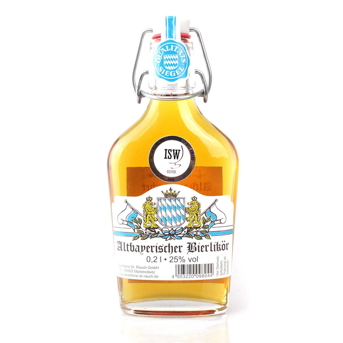 Altbayerischer Bierlikör in Bügelflasche, 0,2 Liter, 25% vol, mit bayerischem Wappenetikett.