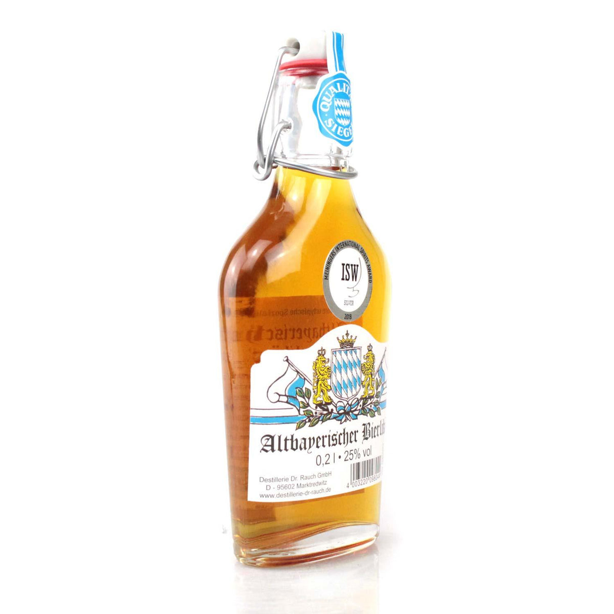 Altbayerischer Bierlikör in Glasflasche mit Bügelverschluss, verziert mit bayerischem Wappen und Siegel.