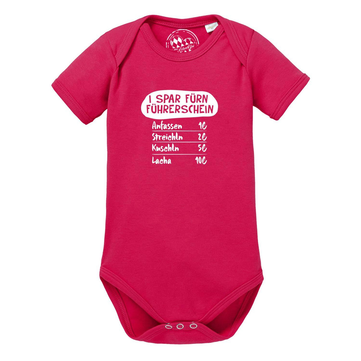 Baby Body Führerschein Pink mit Aufschrift I SPAR FÜRN FÜHRERSCHEIN für Jungen und Mädchen.