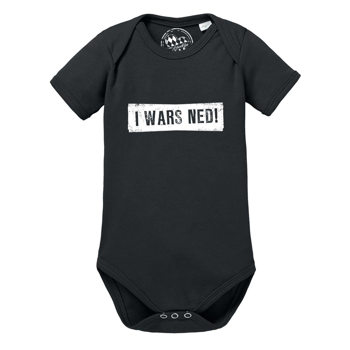 Schwarzer Baby Body "I wars ned!" mit weißem Schriftzug und kurzen Ärmeln aus Baumwolle.