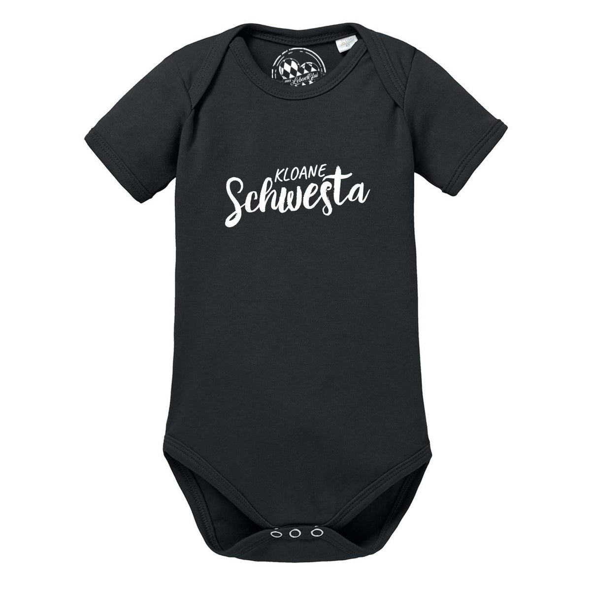 Schwarzer Baby Body "Kloane Schwesta" mit weißem Schriftzug und Druckknöpfen, ideal für kleine Mädchen.