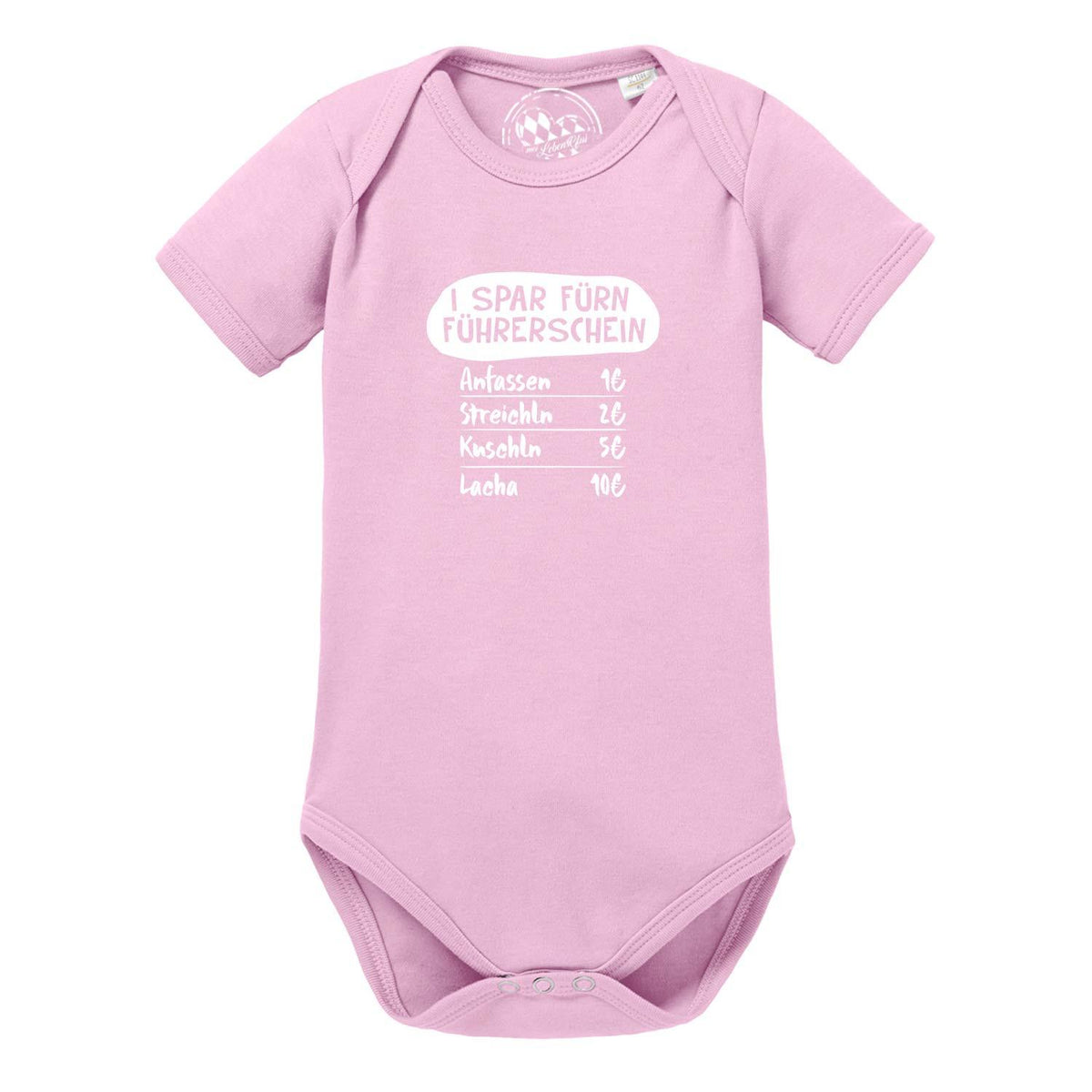 Rosa Baby Body fürn Führerschein mit lustigem Spruch und Preisliste für Anfassen, Streicheln, Kuscheln, Lachen.