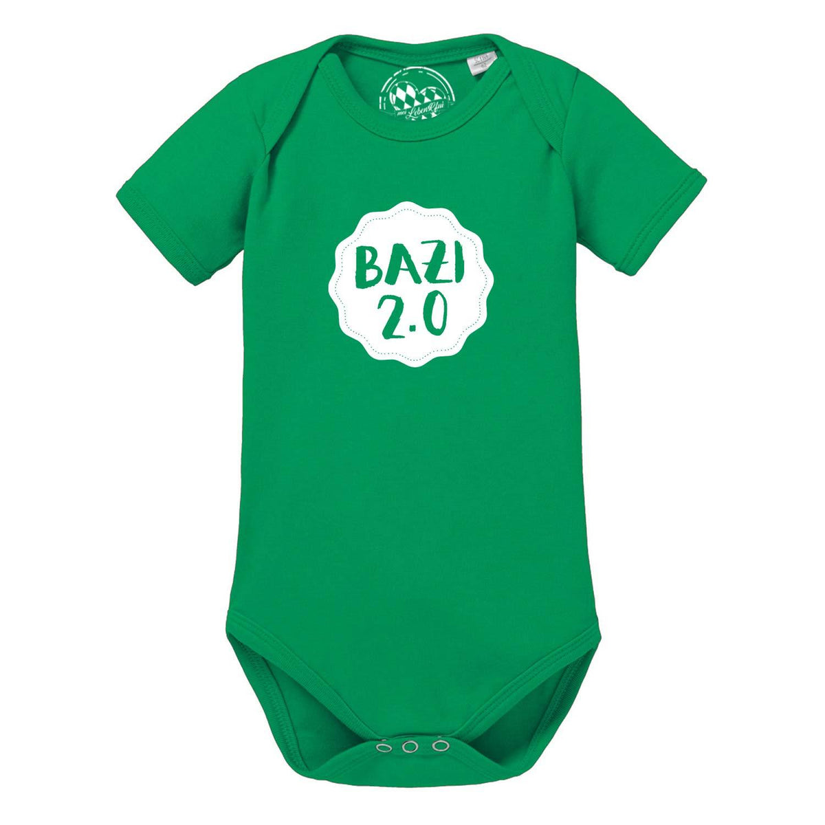 Baby Body Bazi 2.0 in leuchtendem Grün mit weißem BAZI 2.0 Aufdruck, ideal für Neugeborene und Kleinkinder.