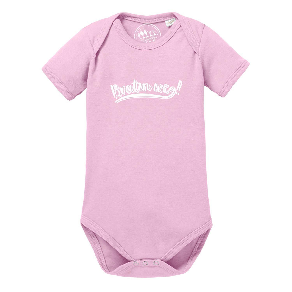 Baby Body Bratzn weg in zartem Rosa mit weißem Schriftzug und Druckknöpfen im Schritt, weiche Babykleidung.
