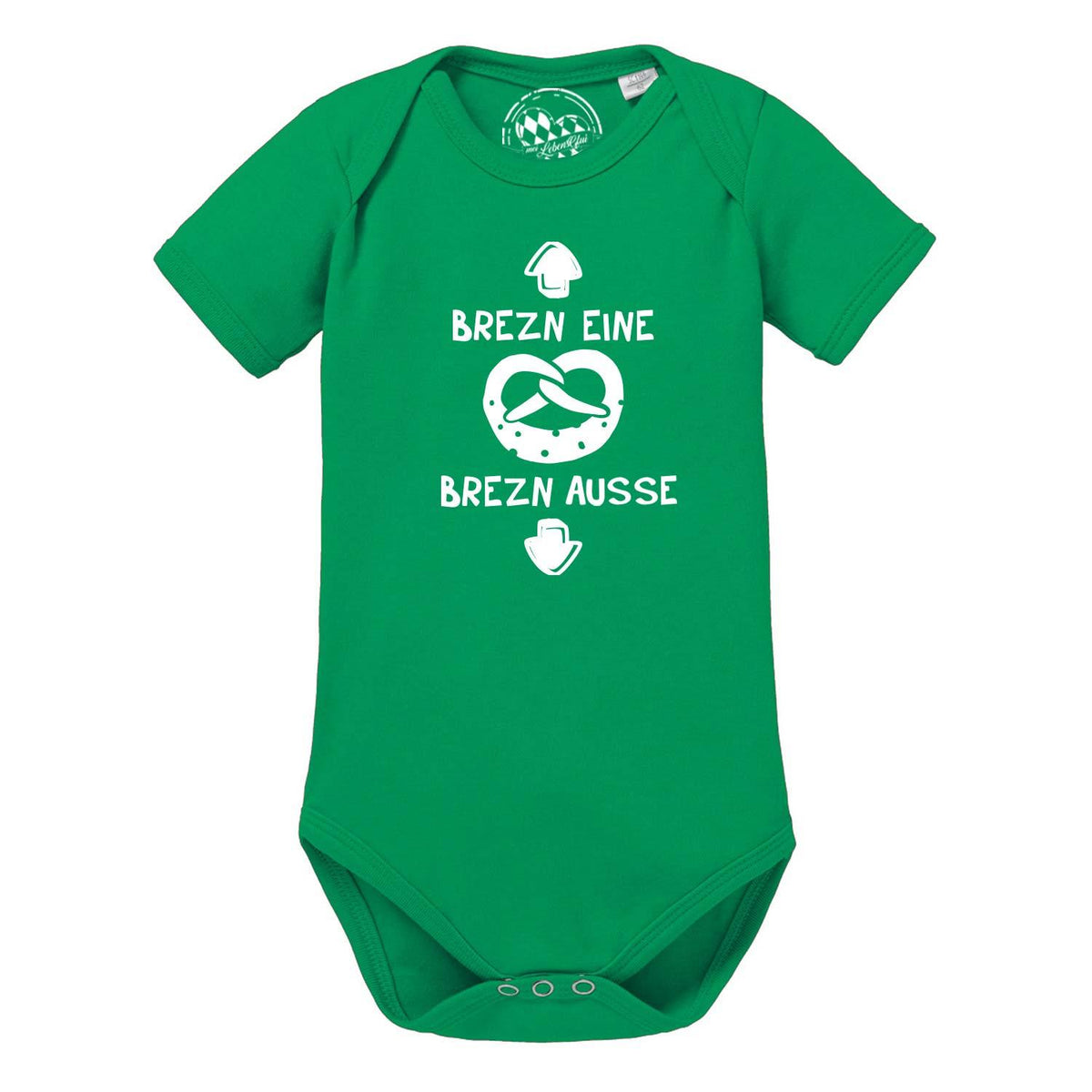Grüner Baby Body Brezn mit weißem Spruch Brezn eine Brezn ausse und Brezel-Motiv für Kleinkinder