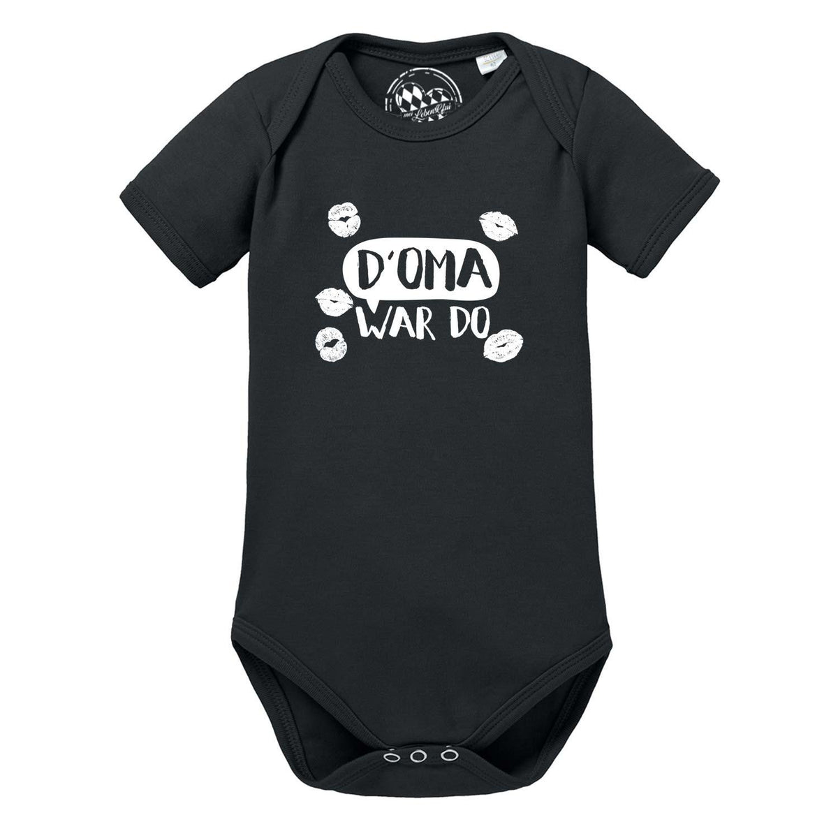Schwarzer Baby Body "D' Oma war do…" mit weißen Lippenstift-Kussmündern als süßes Design.