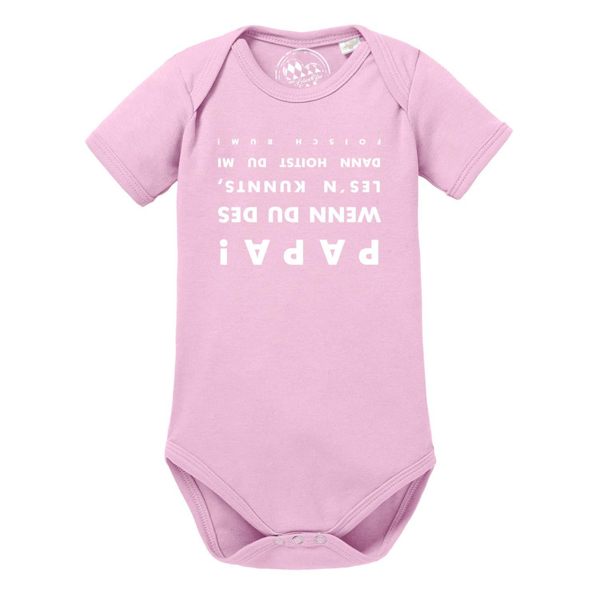 Baby Body "falsch rum" in Rosa mit lustigem Text für Papa, kurzärmelig, ideal für Neugeborene.