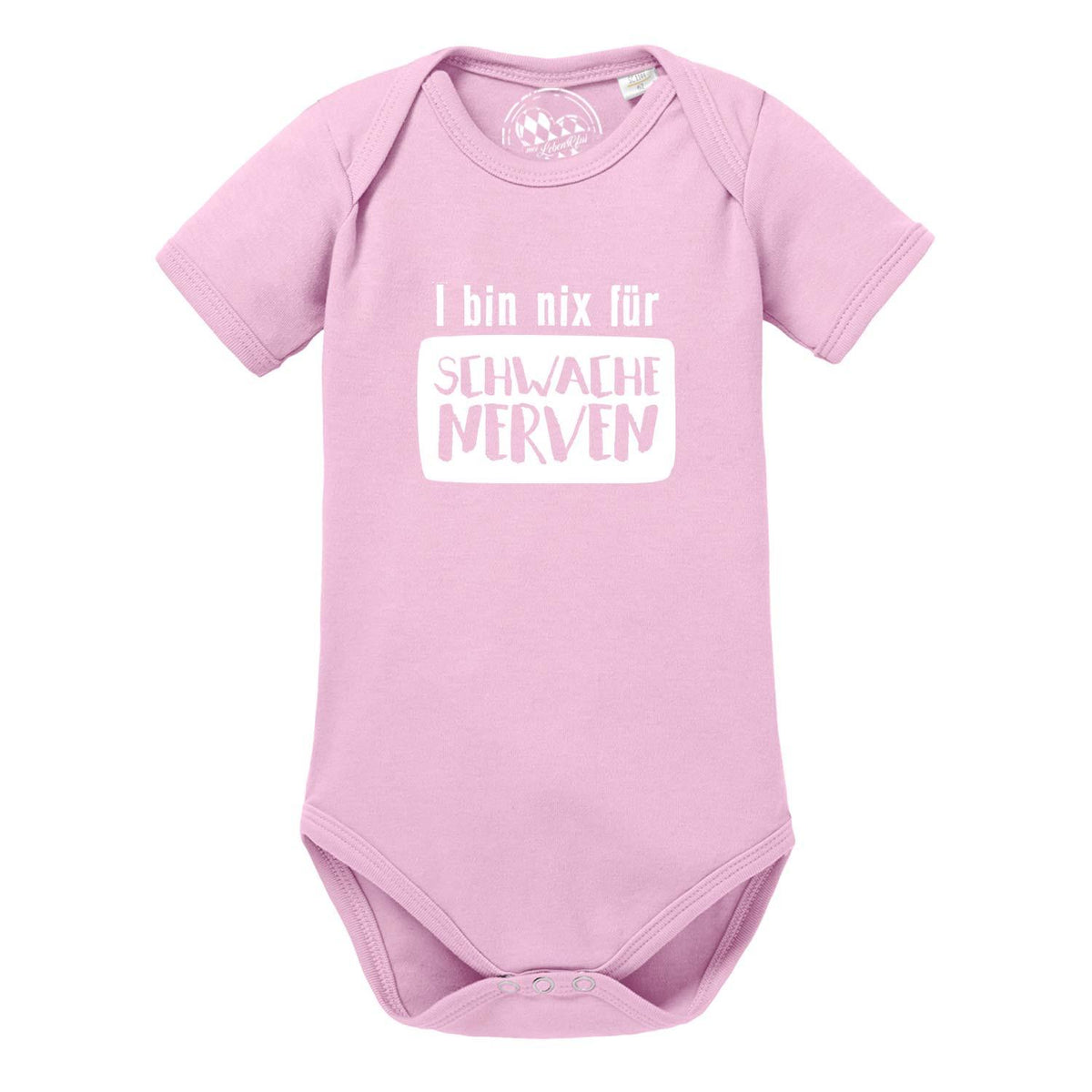 Rosa Baby Body "für schwache Nerven" mit weißem Spruch für Jungen und Mädchen in Baumwolle.