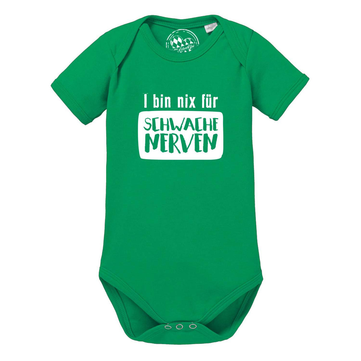 Grüner Baby Body "für schwache Nerven" mit weißem Spruch und kurzen Ärmeln; bequemer Strampler aus Baumwolle.