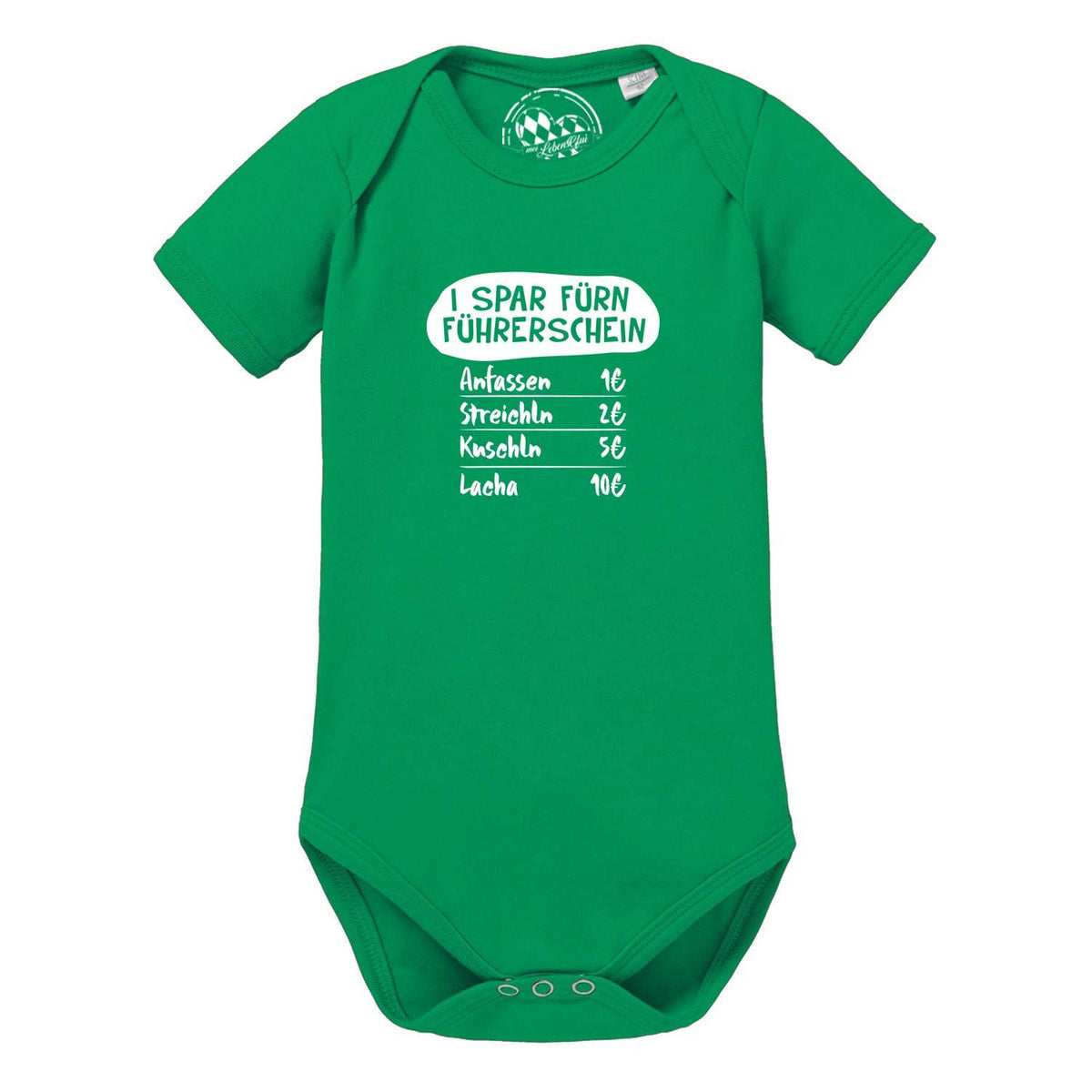 Grüner Baby Body fürn Führerschein mit lustigem Spruch und Preisliste für Anfassen, Streicheln, Kuscheln, Lachen