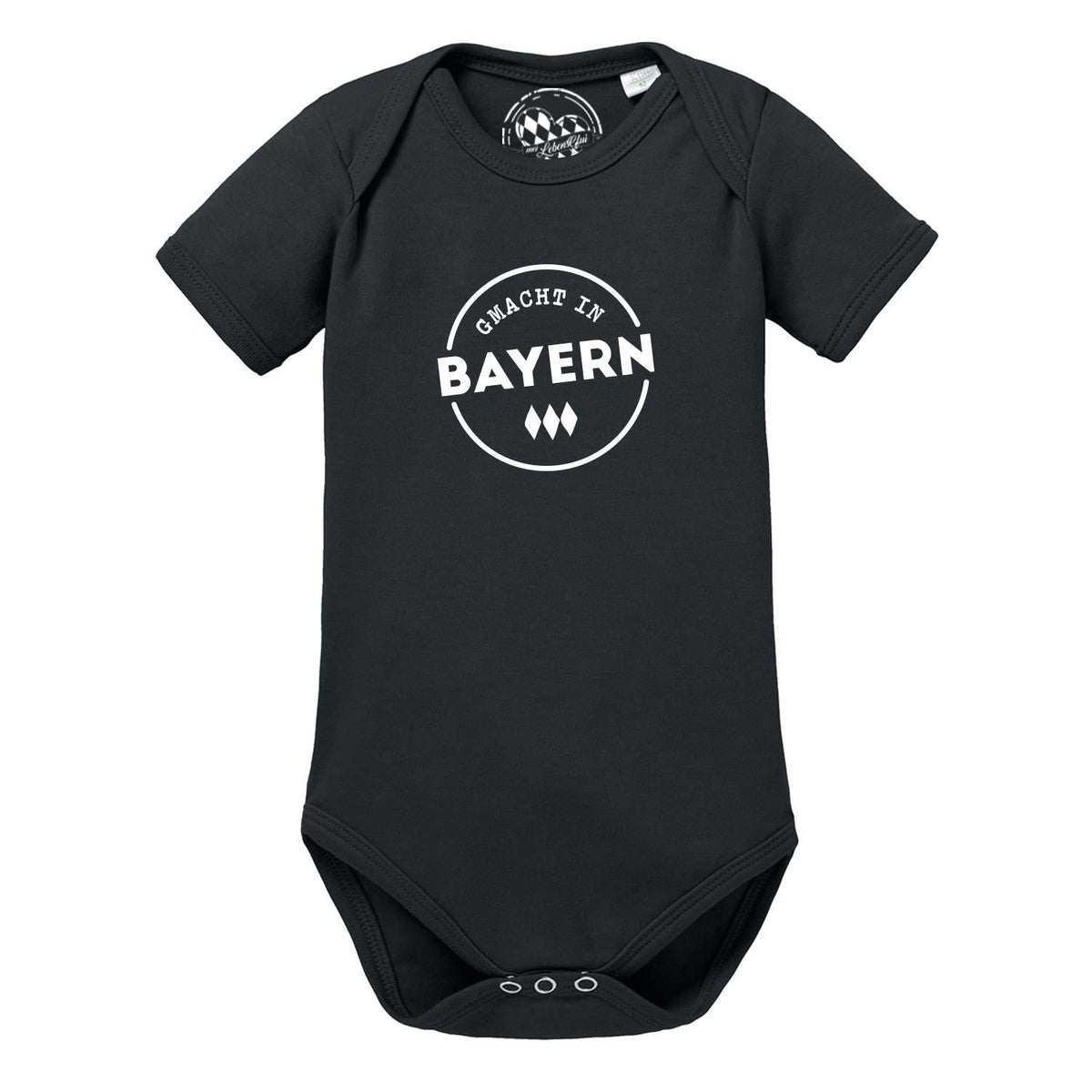 Schwarzer Baby Body Gmacht in Bayern mit weißem Logo-Print in runder Form und Rauten darunter