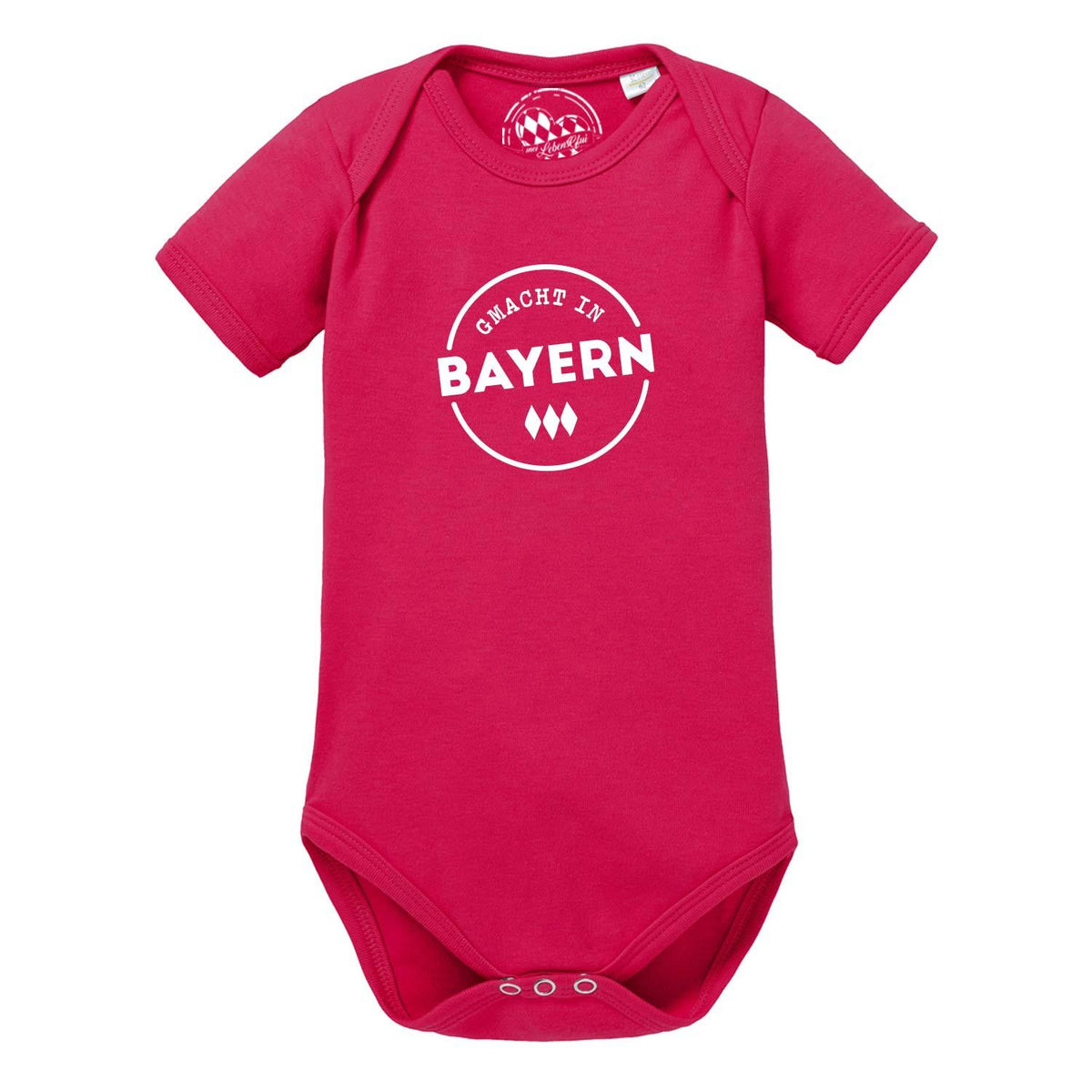 Roter Baby Body "Gmacht in Bayern" mit Rundhalsausschnitt und weißem bayerischem Schriftzug, Baumwolle.