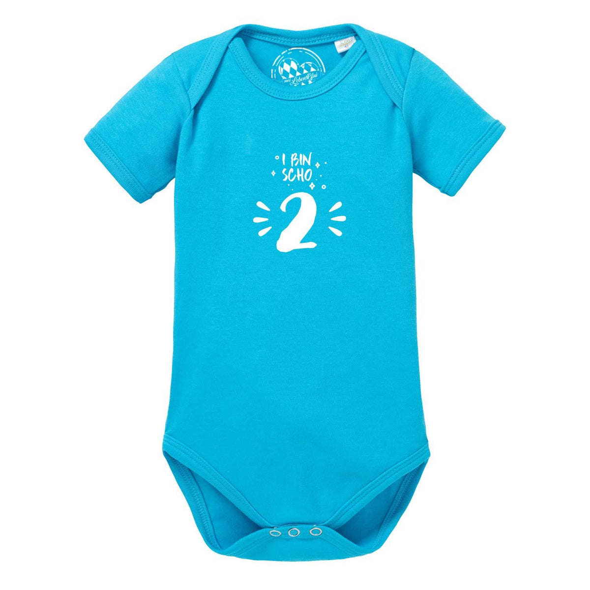 Baby Body I bin scho 2  in Türkis mit weißem Schriftzug und Zahl für den zweiten Geburtstag.