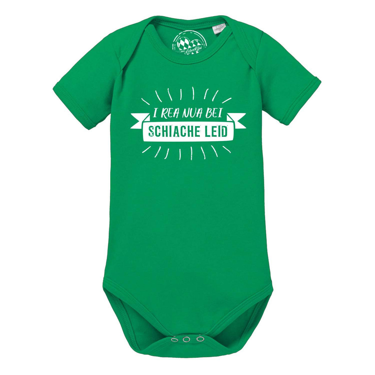 Grüner Baby Body I rea nua... mit weißem Schriftzug und Druckknöpfen, ideal für Babys.