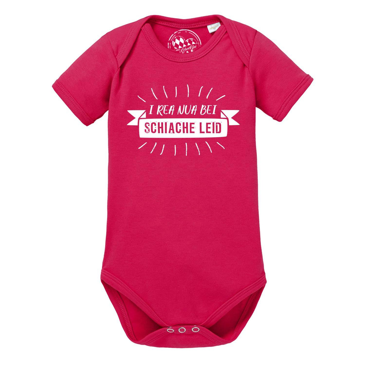 Baby Body I rea nua aus pinker Bio-Baumwolle mit weißem bairischem Spruch für Kleinkinder.