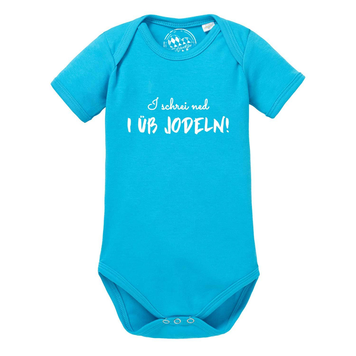 Baby Body "I üb jodeln" in Türkis mit weißem Spruch für Jungen und Mädchen, kurze Ärmel, Druckknöpfe