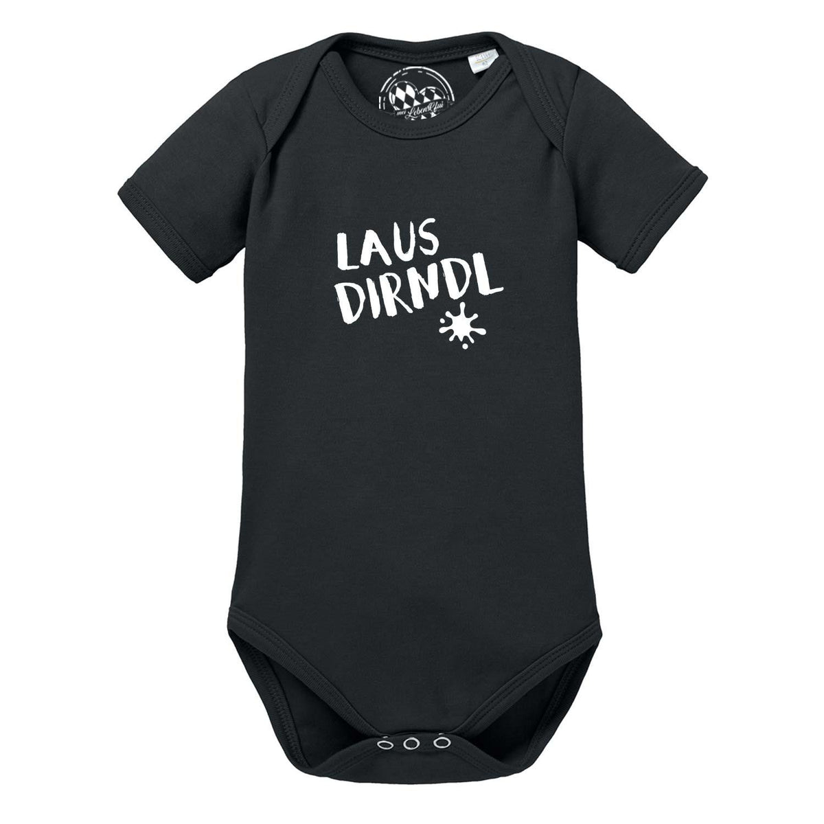 Schwarzer Baby Body Lausdirndl mit weißem Schriftzug und Stern auf der Vorderseite, kurze Ärmel.