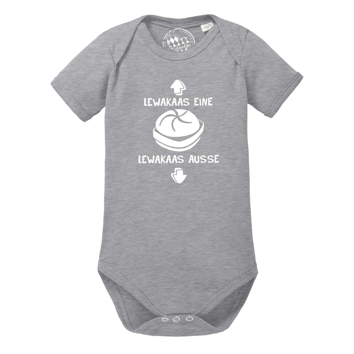 Baby Body "Lewakaas" in Grau mit weißem Print "Lewakaas eine Lewakaas ausse" und Semmel-Motiv.